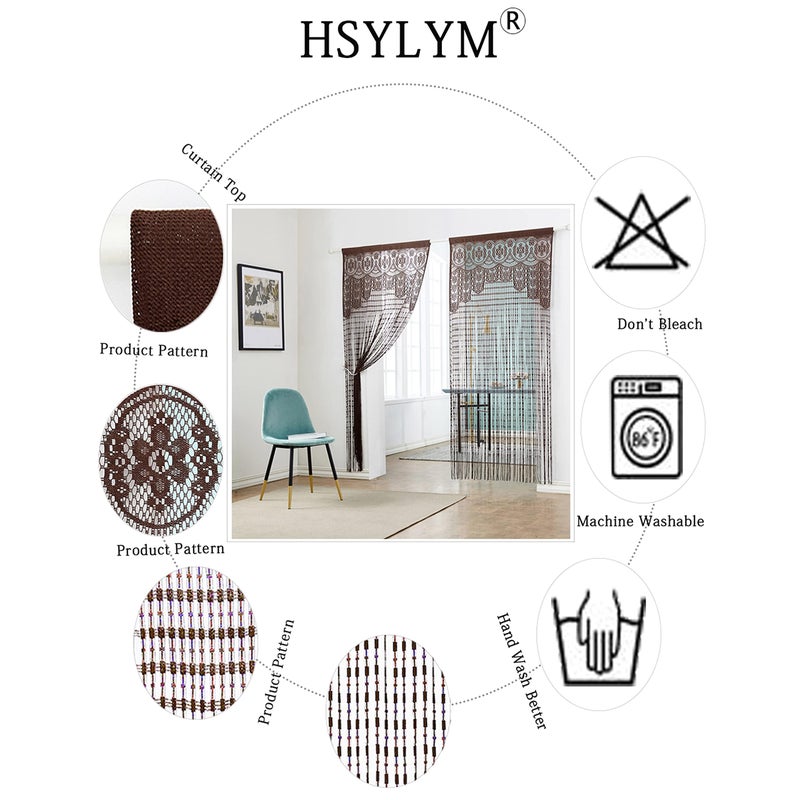 HSYLYM Lace Door Srting Curtain Warm Sheer Curtains Flat Tassel Ribbon Curtain Window Panel Room Divider Wall Decorations,Brown,90x200cm(35" Width x 79" Length) - Image 4
